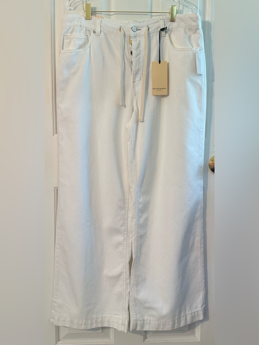SCOTCH & SODA Large White Coastal WIDE LEG Fisherman Button Fly Tie Waist Jeans
